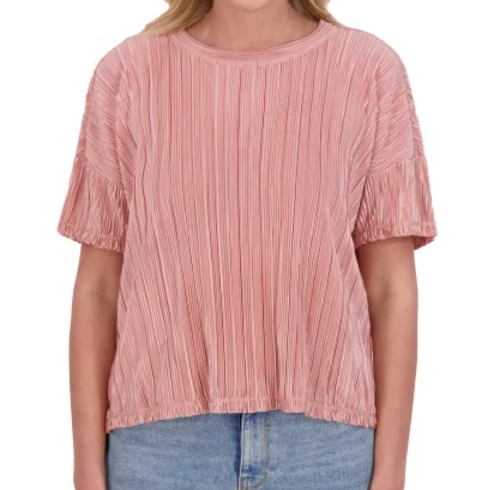 Andrew Marc Women's‎ Short Sleeved Plisse Blouse Pink Boxy Lightweight XXL